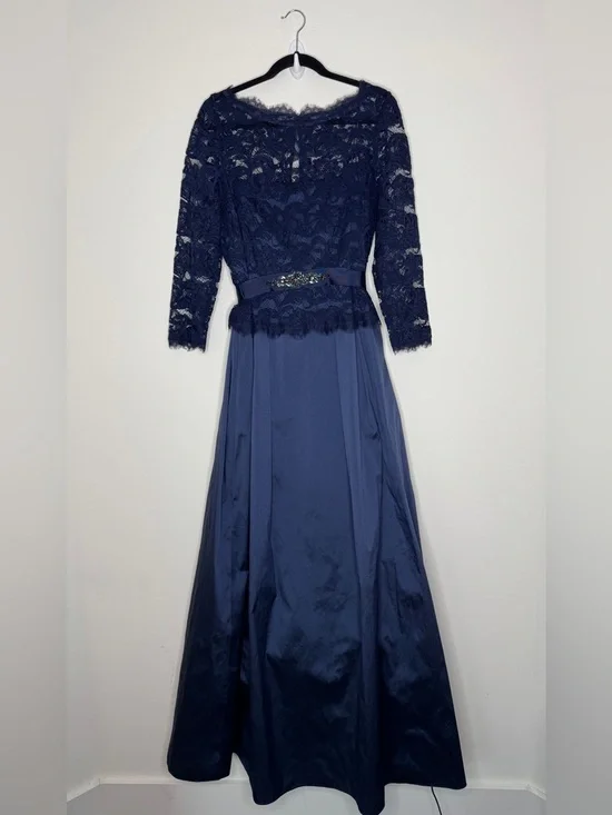 Adrianna Papell Navy Lace Long-Sleeve Gown - Picture 4 of 12